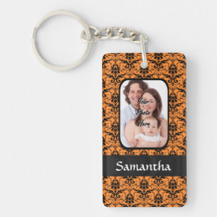 Orange and black damask key ring