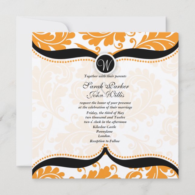 Orange and black damask Paisley Wedding Invite (Front)