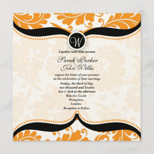Orange and black damask Paisley Wedding Invite