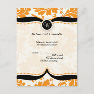 Orange and black damask Paisley Wedding RSVP Card