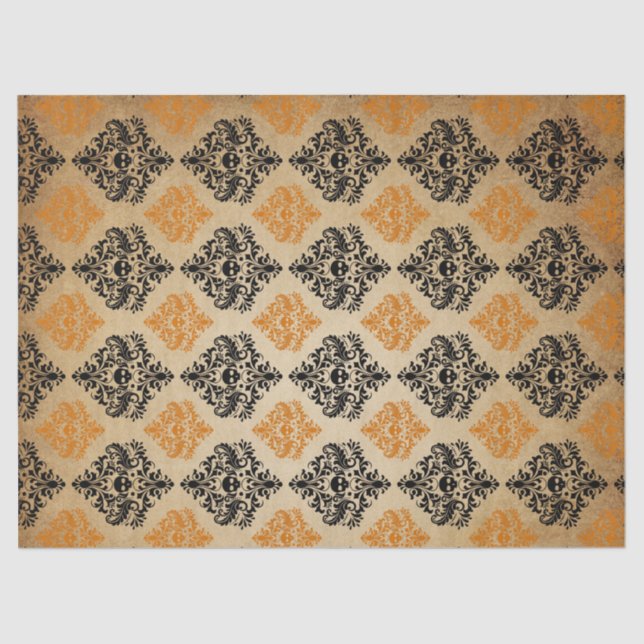 Orange and Black Damask Skull Decoupage Tissue Paper (Front)