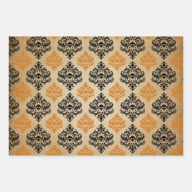 Orange and Black Damask Skull Wrapping Paper Sheet (Front)