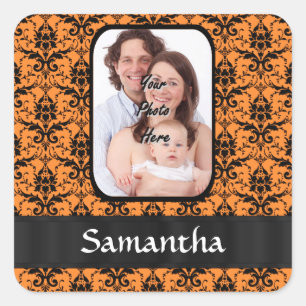 Orange and black damask square sticker