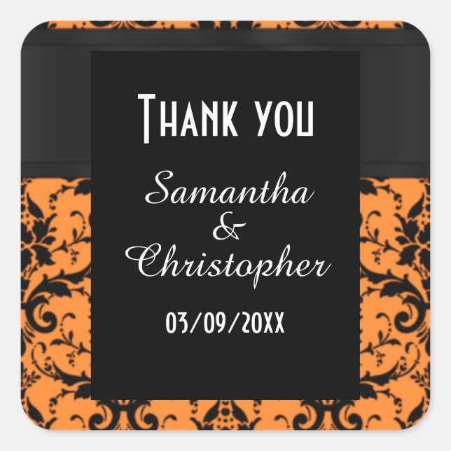 Orange and black damask thank you square sticker (Front)