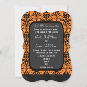Orange and black damask wedding invitation
