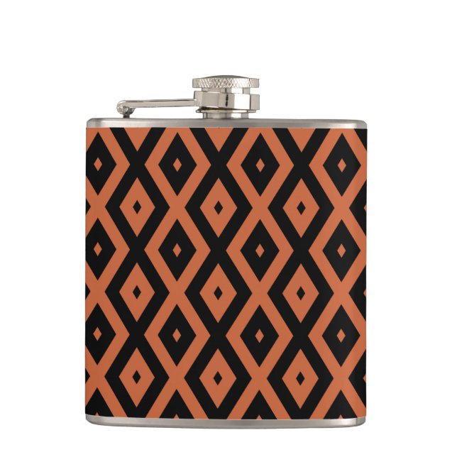 Orange and black diamond pattern hip flask (Front)