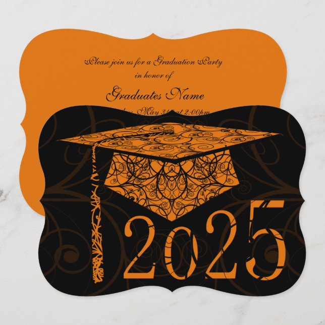 Orange and Black Floral Cap 2025 Graduation Party Invitation (Front/Back)