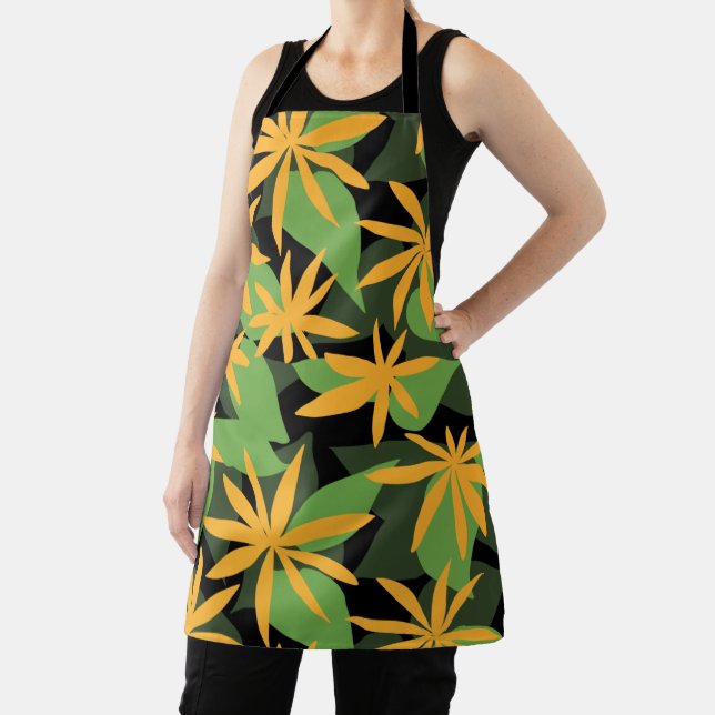 Orange and black floral pattern apron (Insitu)