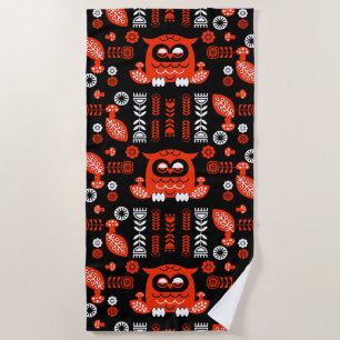 Orange And Black Folk Art Nordic Owl Beach Towel