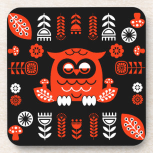 Orange And Black Folk Art Nordic Owl Coaster
