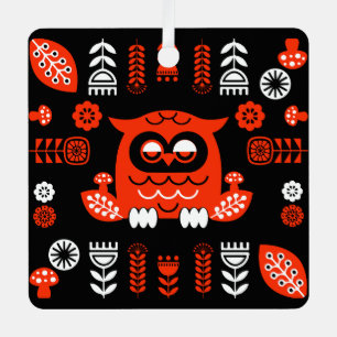 Orange And Black Folk Art Nordic Owl Metal Tree Decoration
