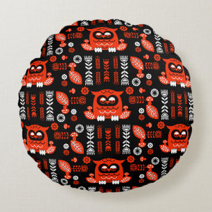 Orange And Black Folk Art Nordic Owl Round Cushion