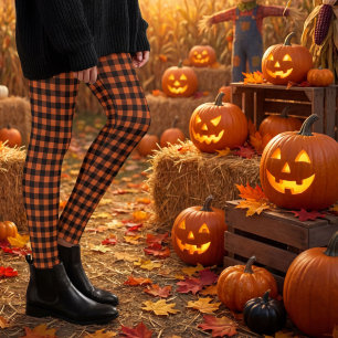 Orange and Black Gingham Plaid Check Leggings