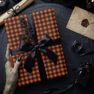 Orange and Black Gingham Plaid Check Wrapping Paper