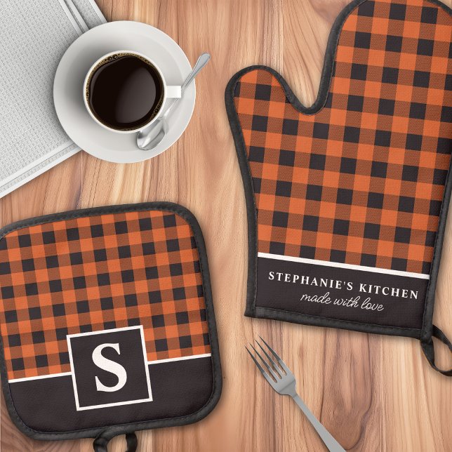 Orange And Black Gingham Plaid Chequered Monogramm Oven Mitt & Pot Holder Set (Creator Uploaded)