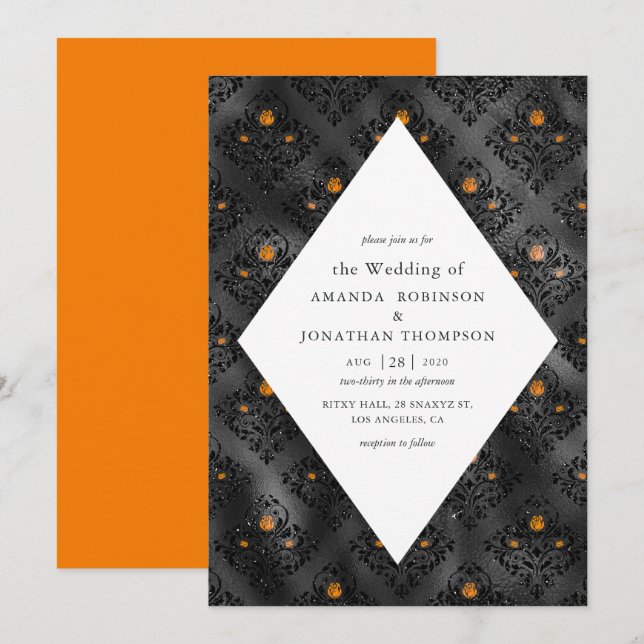 Orange and Black Glam Faux Foil Damask Wedding Invitation (Front/Back)