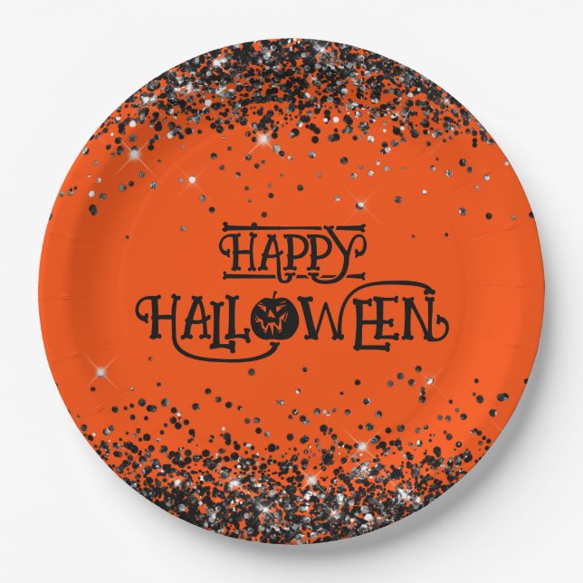 Orange and Black Glitter Happy Halloween Paper Plate (Front)