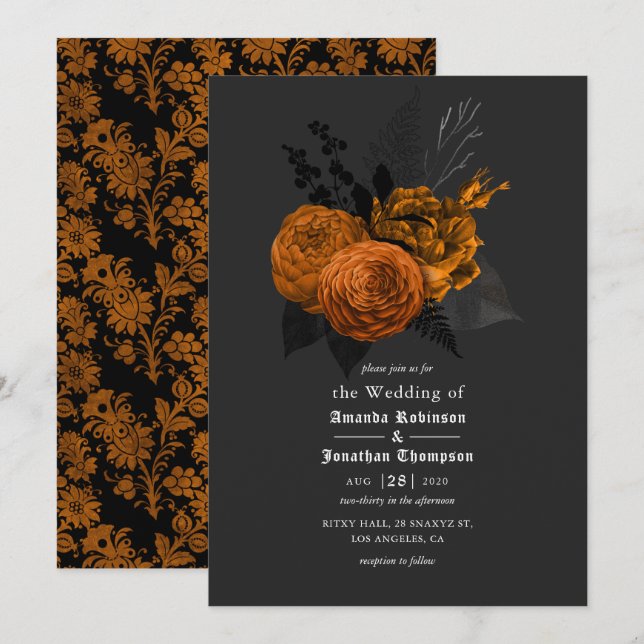 Orange and Black Gothic Wedding Invitation (Front/Back)