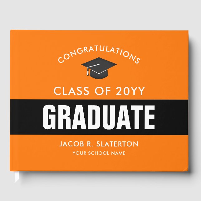 Orange and Black Graduation Personalised Guest Book (Front)