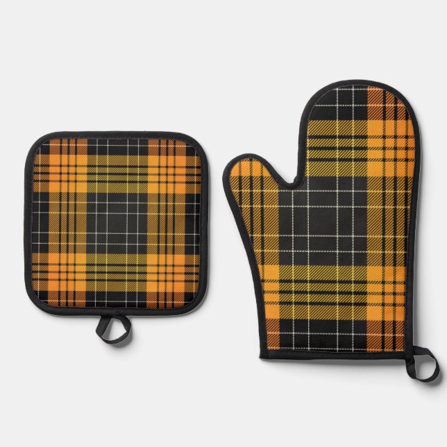 Orange And Black Halloween Fall Plaid Oven Mitt & Pot Holder Set (Front)