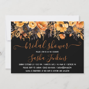 Orange and Black, Halloween, Floral Bridal Shower  Invitation