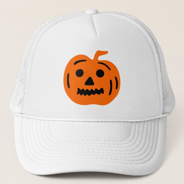 Orange and Black Halloween Pumpkin Jack-O-Lantern Trucker Hat (Front)