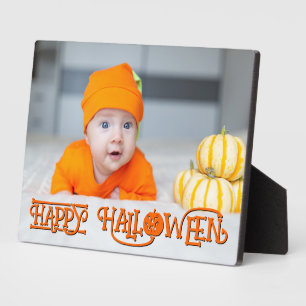 Orange and Black Happy Halloween Photo Plaque