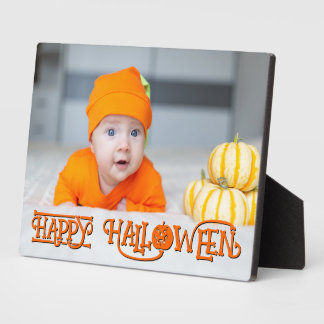 Orange and Black Happy Halloween Photo Plaque