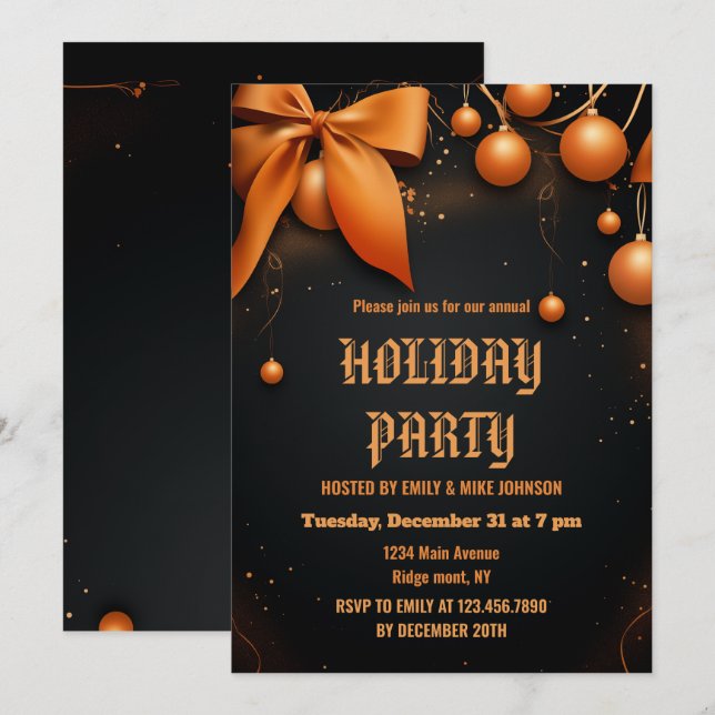 Orange and Black Holly Festive Holiday 2025 Party  Invitation (Front/Back)