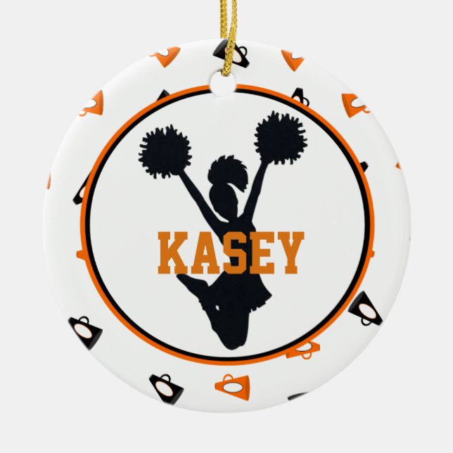 Orange and Black Megaphones Cheerleader Ceramic Tree Decoration (Front)
