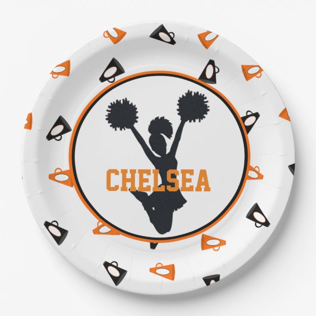 Orange and Black Megaphones Cheerleader Party Paper Plate (Front)