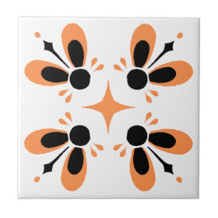 Orange and Black on White Intricate Floral pattern Tile