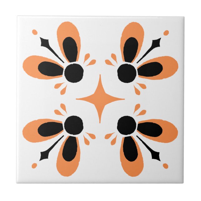 Orange and Black on White Intricate Floral pattern Tile (Front)