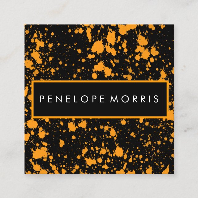 Orange and Black Paint Splatter Beauty Stylist Square Business Card (Front)