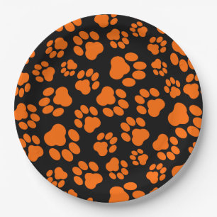 Orange-and-Black Paw Print Paper Plates