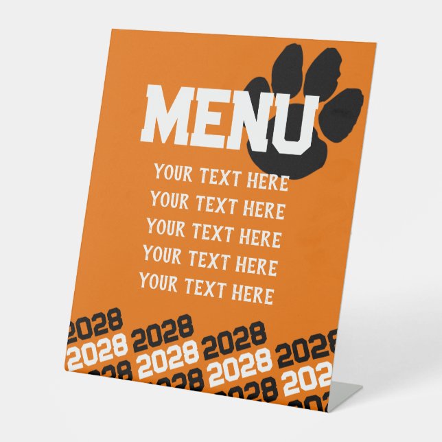 Orange and Black Pawprint Graduation Menu Party Pedestal Sign (Front)