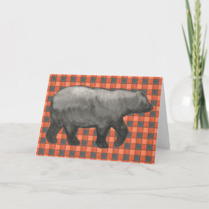 Orange and Black Plaid Check Card with Bear