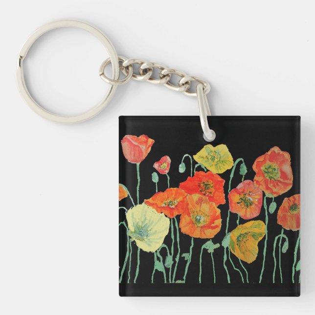 Orange and Black Poppies floral Acrylic Key Ring (Front)