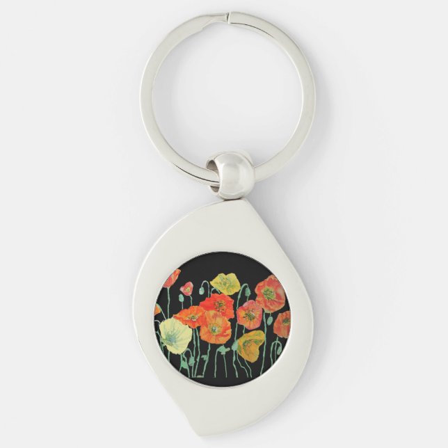 Orange and Black Poppies floral Acrylic Key Ring (Front)