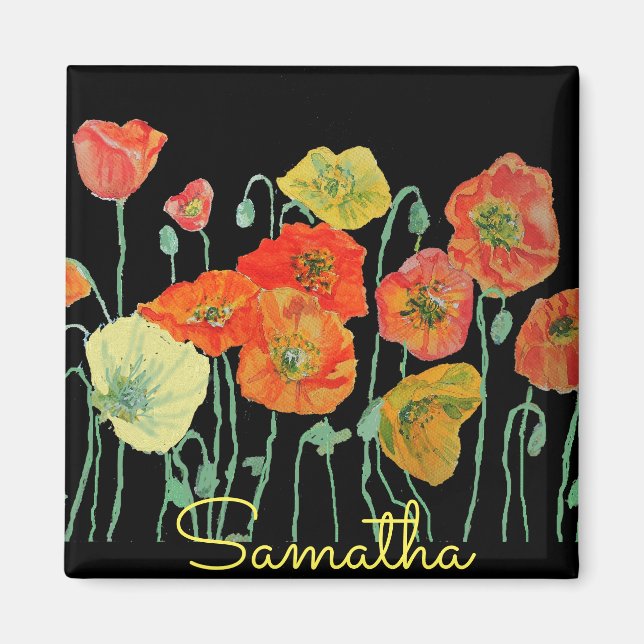Orange and Black Poppies floral Acrylic Key Ring Magnet (Front)