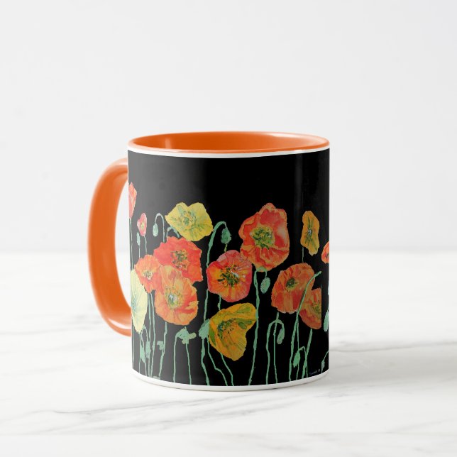 Orange and Black Poppies Watercolor Mug (Front Left)