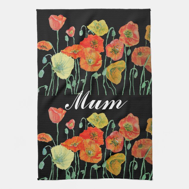 Orange and Black Poppies Watercolour Mom Tea Towel (Vertical)