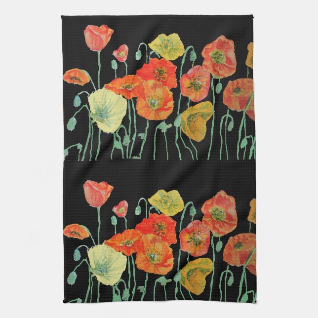 Orange and Black Poppies Watercolour Tea Towel (Vertical)