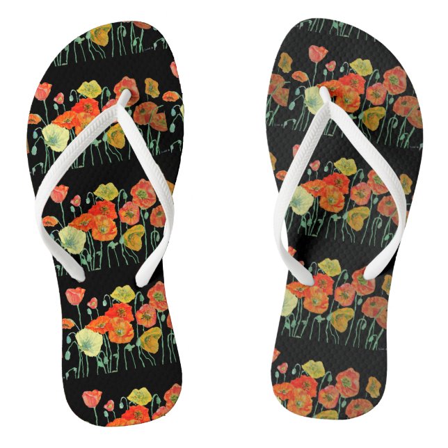 Orange and Black Red Poppies Poppy Floral Thongs (Footbed)