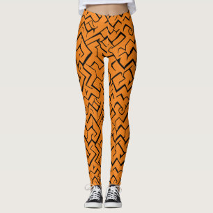 Orange And Black Repeating Pattern Modern Maze Leggings