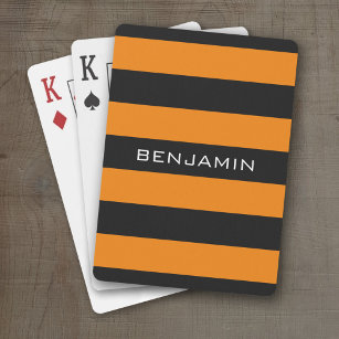 Orange and Black Rugby Stripes with Custom Name Playing Cards