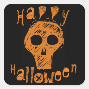 Orange and Black Skull Happy Halloween Square Sticker