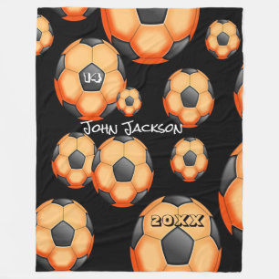 Orange and Black Soccer cover with Player's Name Fleece Blanket