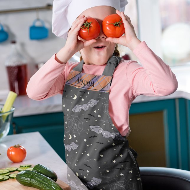 Orange and Black Spooky Cute Bats Halloween Kids Apron (Spooky Bats Black Kids Apron. Cute Bats, Stars, Spiderwebs & Spooky Cute Text. Plaid Borders)