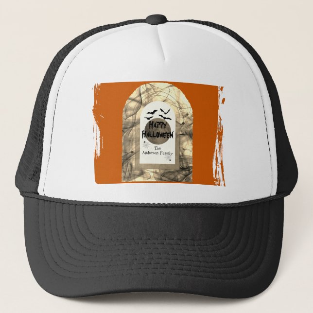 Orange and Black Spooky Full Moon Happy Halloween Trucker Hat (Front)